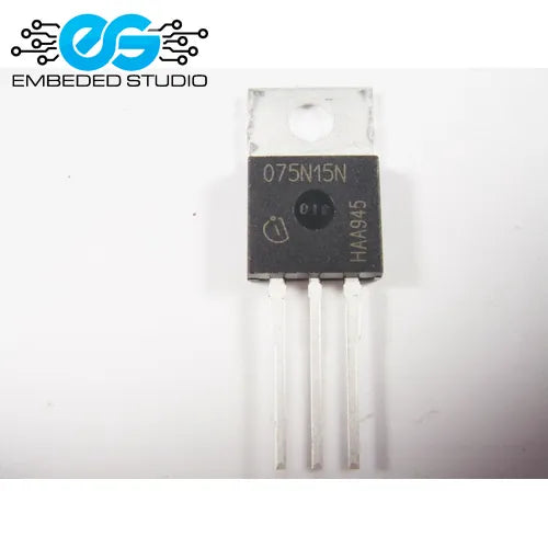 Transistor with model number 075N15N on a white background, branded with Embedded Studio.
