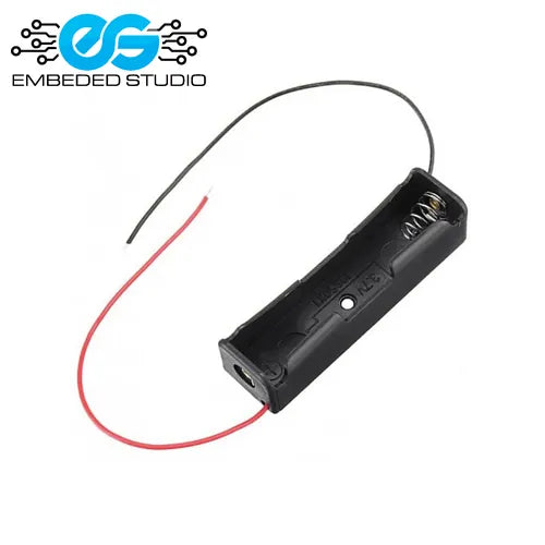 Black battery holder with red wire on a white background, featuring Embedded Studio logo.