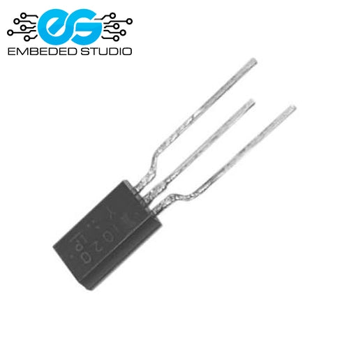 A 2SA1020 PNP transistor in a black TO-92 plastic package with three long, bent metal leads extended against a clean white background. The front face of the transistor is stamped with a small logo and faint text markings.