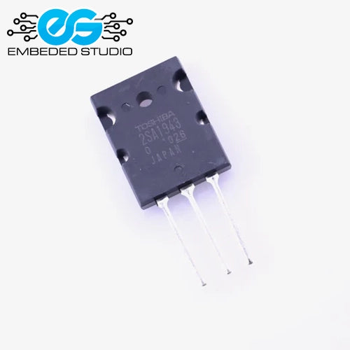 Black 2SA1943 PNP high-power audio transistor with three silver terminal pins, featuring the Embeded Studio logo on a clean white background