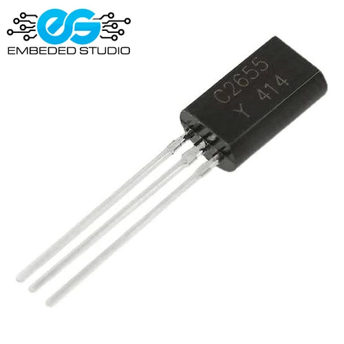 A small black through-hole electronic component (2SC2655 TO-92 transistor) with the printed markings "C2655 Y 414" on its body, featuring three long silver metal leads, set against a plain white background with the Embeded Studio logo watermark in the top-left corner.