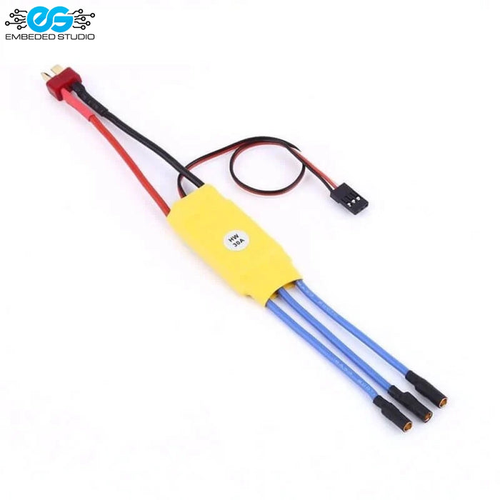 30A Electronic Speed Controller (ESC) with T-plug battery connector, bullet motor outputs, and signal cable for RC drones and quadcopters