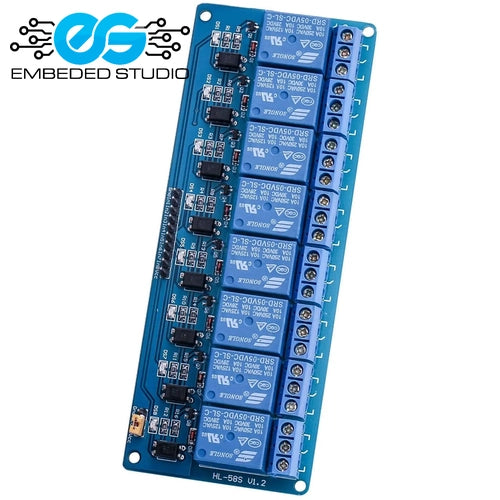 "Electronic 8-channel relay module with multiple blue relays on a blue PCB, branded with the 'Embeded Studio' logo."