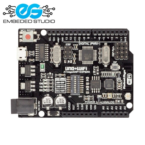Black Arduino Uno WiFi development board showing the integrated ATmega328P microcontroller and ESP8266 Wi-Fi module, featuring the Embeded Studio logo on a clean white background