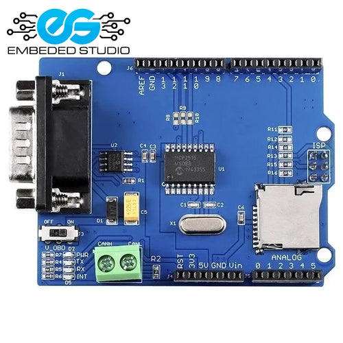 Blue CAN-BUS shield development board for Arduino Uno featuring an onboard MCP2515 controller, DB9 connector, and a micro SD card slot, with the Embeded Studio logo on a clean white background