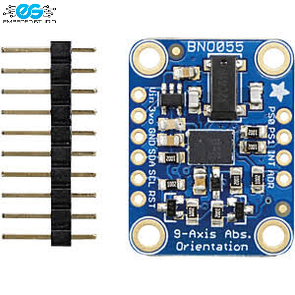 GY-BN0055 9-axis absolute orientation sensor breakout board featuring BNO055 IC, header pins, and Embeded Studio logo branding
