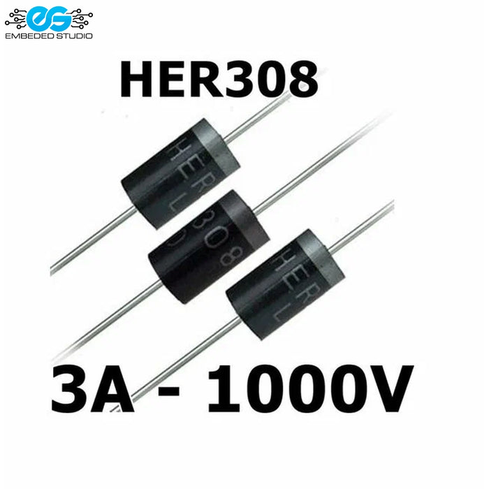 Three HER308 through-hole rectifier diodes featuring Embeded Studio logo and 3A 1000V specifications