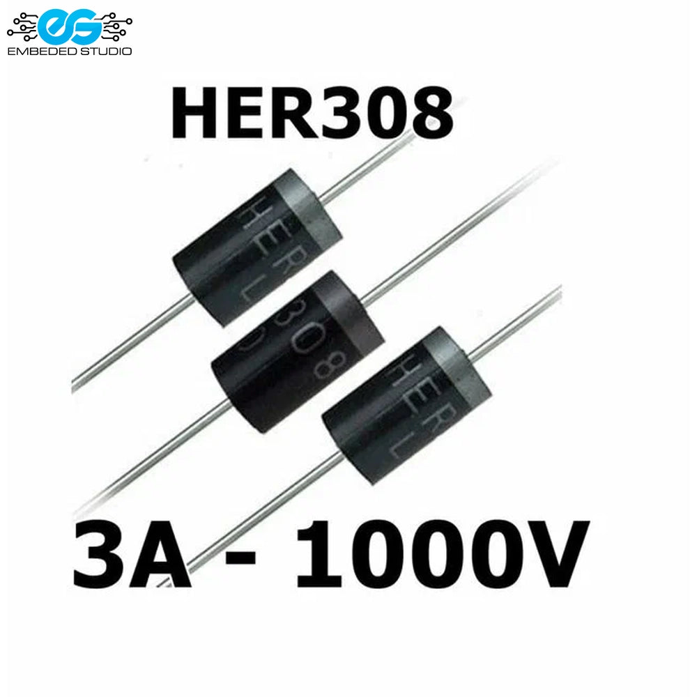 Three HER308 through-hole rectifier diodes featuring Embeded Studio logo and 3A 1000V specifications