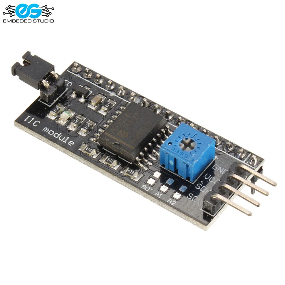 I2C LCD 1602 Adapter Module with PCF8574 chip, blue potentiometer, and 4-pin interface header