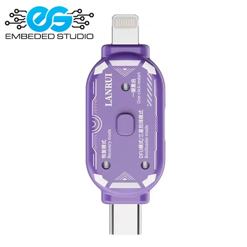 A purple LANRUI USB-C to Lightning data and file transfer hub, shown vertically on a white background with the Embedded Studio logo in the top-left corner.