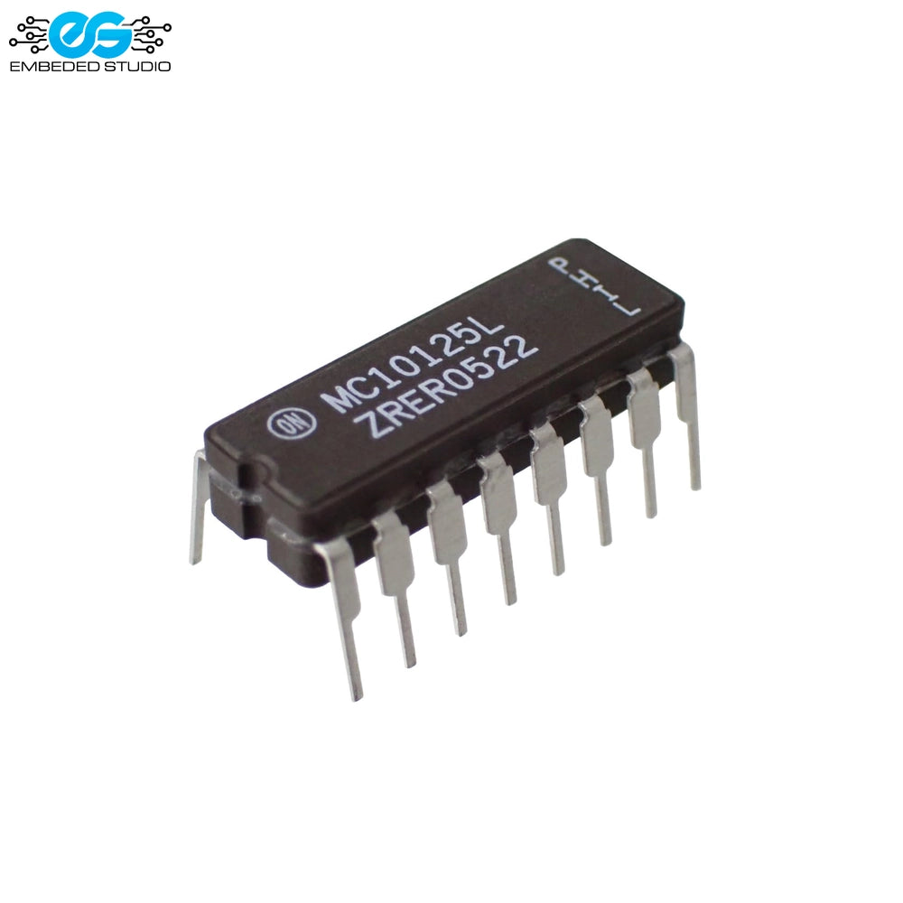 ON Semiconductor MC10125L quad ECL-to-TTL receiver integrated circuit chip in a 16-pin dual in-line DIP package with Embedded Studio logo.