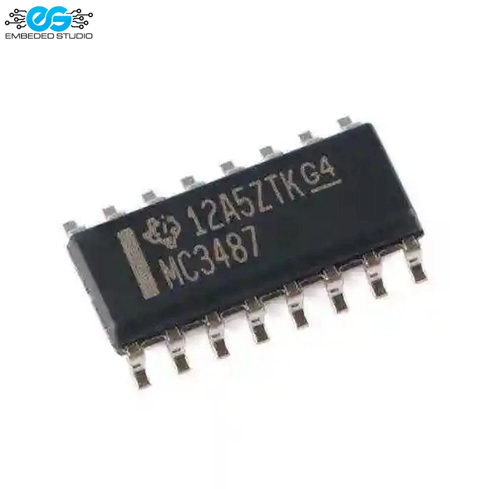 Texas Instruments MC3487 quad differential line driver integrated circuit chip in a 16-pin surface-mount SOP/SOIC package, displayed with Embedded Studio branding.
