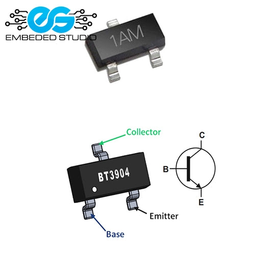 A small black surface-mount electronic component (MMBT3904 SOT-23 transistor) displaying the printed marking "1AM" on its top surface, shown alongside an illustrated pinout diagram labeling the Collector, Base, and Emitter pins next to a standard transistor circuit symbol, set against a plain white background with the Embeded Studio logo watermark in the top-left corner.