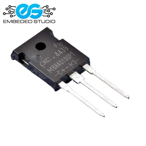 MBR40100PT Schottky barrier diode in a 3-pin TO-247 package, showing the part number, polarity diagram, and manufacturing text printed on the component body, with an Embeded Studio logo watermark in the top left corner.