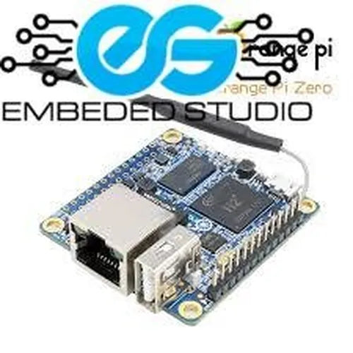 Orange Pi Zero Linux single board computer module with Wi-Fi antenna on a white background with Embeded Studio logo