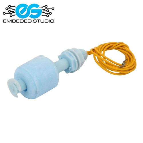 A blue plastic P45 water level float switch module with an attached yellow cable, displayed on a white background next to the Embeded Studio logo.