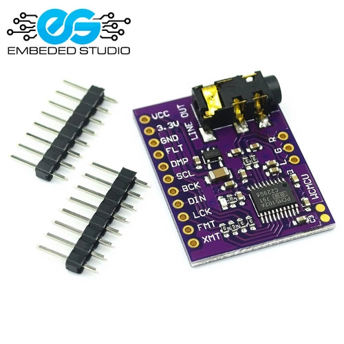 PCM5102A audio DAC module with connectors on a white background, featuring the Embedded Studio