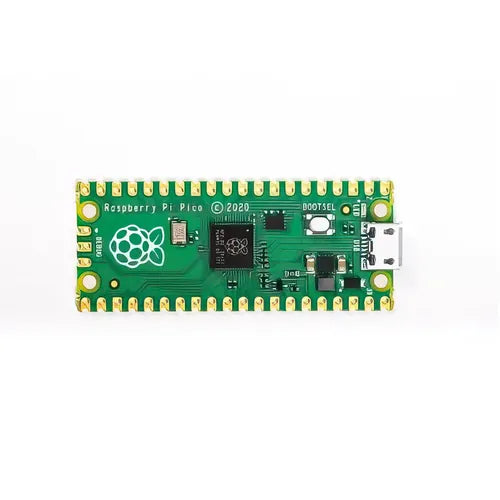 Raspberry Pi Pico microcontroller board featuring the RP2040 dual-core chip and a micro-USB port on a white background.
