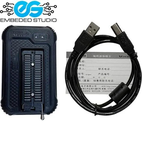 XGecu Pro T48 Universal IC Programmer with its 48-pin black ZIF socket, indicator lights, and dual USB/expansion ports, displayed under the Embeded Studio logo on a white background.