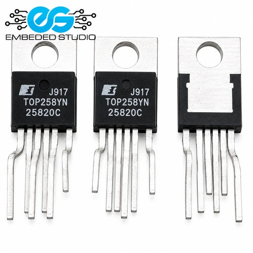 TOP258YN integrated circuit (IC) chip in a TO-220 package, showing its part number and pins clearly against a white background with the Embeded Studio logo.