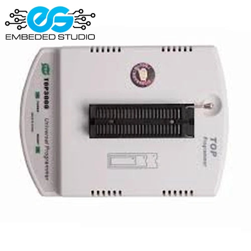 TOP3000 Universal Programmer showing its top view panel with the ZIF socket, indicator lights, and text labels, under the Embeded Studio logo on a white background.