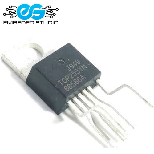 TOP255YN integrated circuit (IC) chip in a TO-220 package, showing its part number and pins clearly against a white background with the Embeded Studio logo.