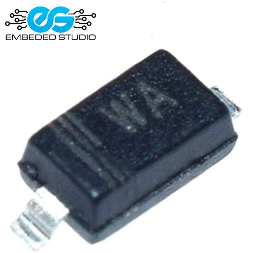 A small black surface-mount electronic component (BZT52C6V2 SOD-123 zener diode) displaying the printed marking "WA" on its top surface, featuring two silver metal leads on either side, set against a plain white background with the Embeded Studio logo watermark in the top-left corner.
