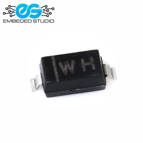 A small black surface-mount electronic component (WH 12V BZT52C12 SOD-123 zener diode) displaying the printed letters "WH" on its top surface, featuring two silver metal leads on either side, set against a plain white background with the Embeded Studio logo watermark in the top-left corner.