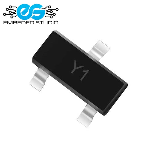 A small black surface-mount electronic component (SS8050 SOT-23 transistor) displaying the printed marking "Y1" on its top surface, featuring three silver metal leads, set against a plain white background with the Embeded Studio logo watermark in the top-left corner.