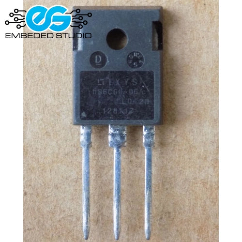 IXYS DSEC60-06A fast recovery diode in a 3-pin TO-247 package, showing the part number and branding text printed on the component body, with an Embedded Studio logo watermark in the top left corner.
