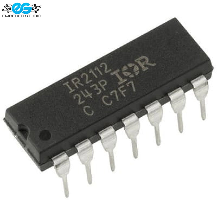 IR2112 high and low side driver IC chip in DIP-14 package with Embedded Studio logo in the top left corner.