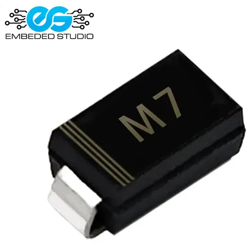 Black electronic component with 'M7' marking on a white background, featuring Embedded Studio logo.