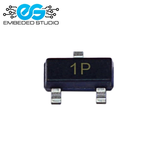 A small black surface-mount electronic component (MMBT2222 SOT-23 transistor) displaying the printed marking "1P" on its top surface, featuring three silver metal leads, set against a plain white background with the Embeded Studio logo watermark in the top-left corner.