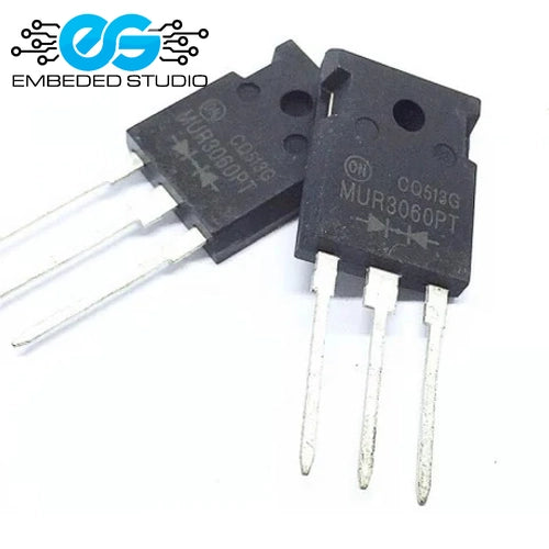 Two ON Semiconductor MUR3060PT ultra-fast recovery diodes in a 3-pin TO-247 package, showing the part number, polarity diagram, and manufacturing tracking codes printed on the component bodies, with an Embedded Studio logo watermark in the top left corner.