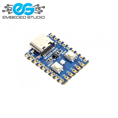 A blue RP2040 USB-C to UART bridge module by Embedded Studio, featuring a white USB-C connector, white push-button switches, and gold-plated pins, shown on a white background with the Embedded Studio logo in the top-left corner.