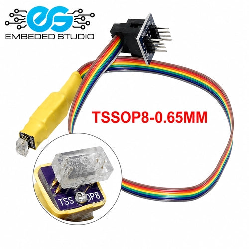 TSSOP8-0.65mm leaded electronic component with a rainbow multi-pin ribbon cable, yellow connector sleeve, and clear plastic tab, shown on a white background with an Embedded Studio logo and circular inset detail.