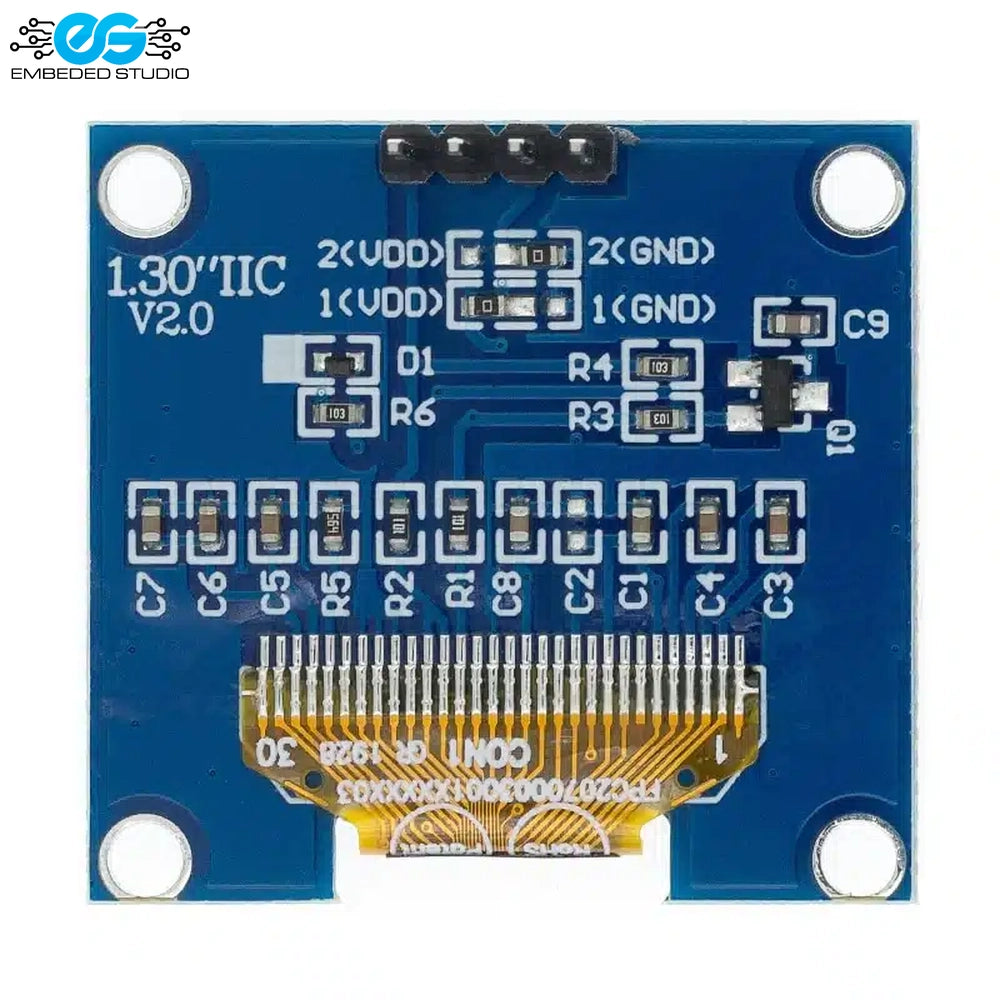 Top-down view of a monochrome OLED display module, showing the blue PCB, four-pin header connection, and component layout on the board.