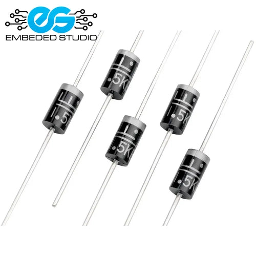 Five black and silver radial lead power resistors labeled '1.5KE16CA" TVS DIODE arranged diagonally on a white background, with the Embedded Studio logo in the top-left corner.