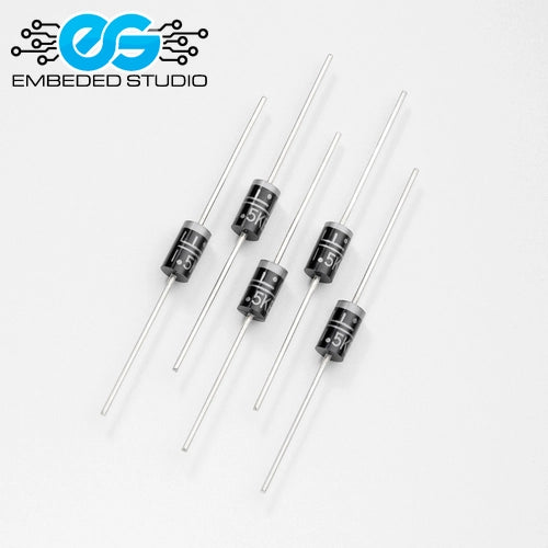 Five 1.5KE18A TVS diodes arranged diagonally on a light gray background with the Embedded Studio logo.
