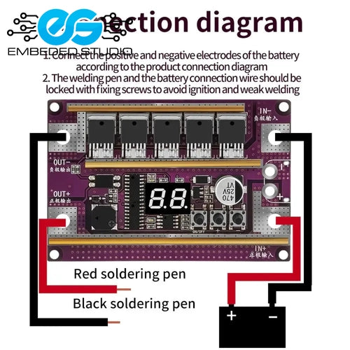 A technical connection diagram for a purple 12V spot welder control board. It shows lines mapping the connections for a black soldering pen, a red soldering pen, and the positive and negative terminals of a battery.