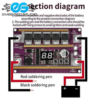 A technical connection diagram for a purple 12V spot welder control board. It shows lines mapping the connections for a black soldering pen, a red soldering pen, and the positive and negative terminals of a battery.