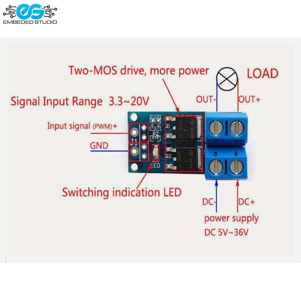 Wiring diagram of 15A 400W MOSFET trigger switch drive module showing signal input, DC power supply, and load connections