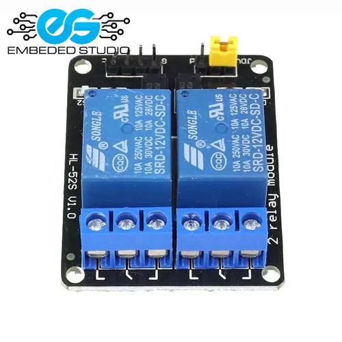 Relay module with two blue relays on a black board, branded 'Embedded Studio'.