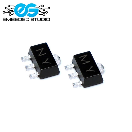 Two small black surface-mount electronic components (2SC2873 SOT-89 transistors) showing the markings "NY" and "MY" respectively on their top surfaces, featuring three silver metal pins and set against a plain white background with the Embeded Studio logo watermark in the top-left corner.