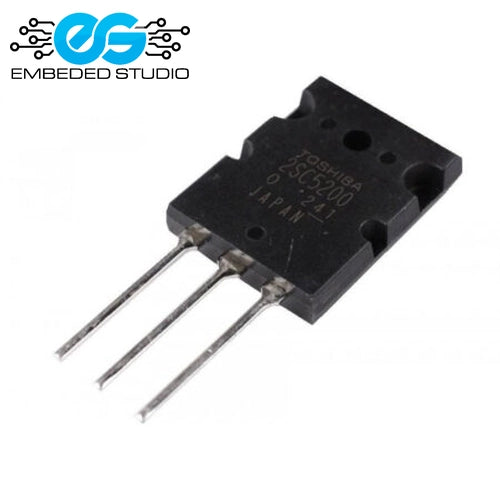 Black 2SC5200 NPN high-power audio transistor with three silver terminal pins, featuring the Embeded Studio logo on a clean white background