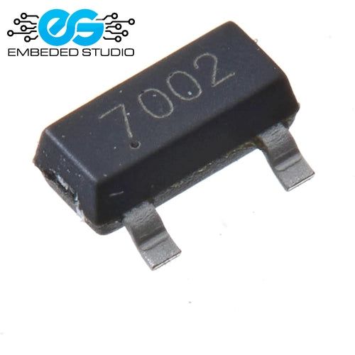 A small black electronic component with two metal leads, marked with the number 7002, shown on a white background with an Embedded Studio logo in the top-left corner.