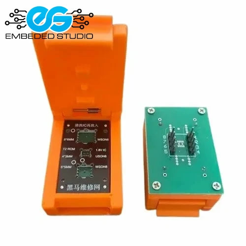 3-in-1 BIOS Read & Write Stand for Apple Notebook showing orange IC socket programmer clamp and green adapter board.
