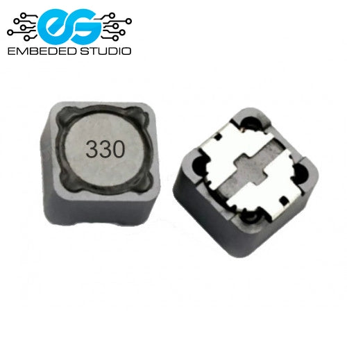 Surface mount (SMD) shielded power inductor 33uH, featuring a top view with 330 marking and a bottom view of the solder pads.