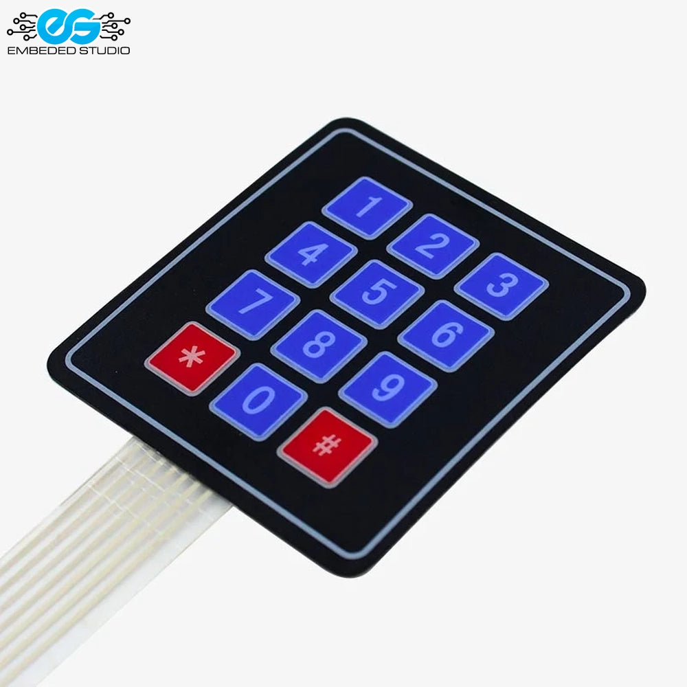 3x4 matrix membrane keypad featuring blue numbered buttons 0-9 and red asterisk/pound keys connected to a flexible white ribbon cable.