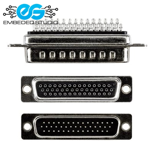 44 Pin D-sub connector from Embedded Studio, showing the front pin layout, rear contact plate, and side profile on a white background.